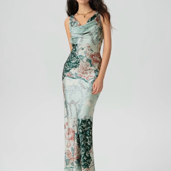 Cider Dresses & Skirts - Cider Floral Satin Cowl Maxi Dress - Mint Green & Dark Green